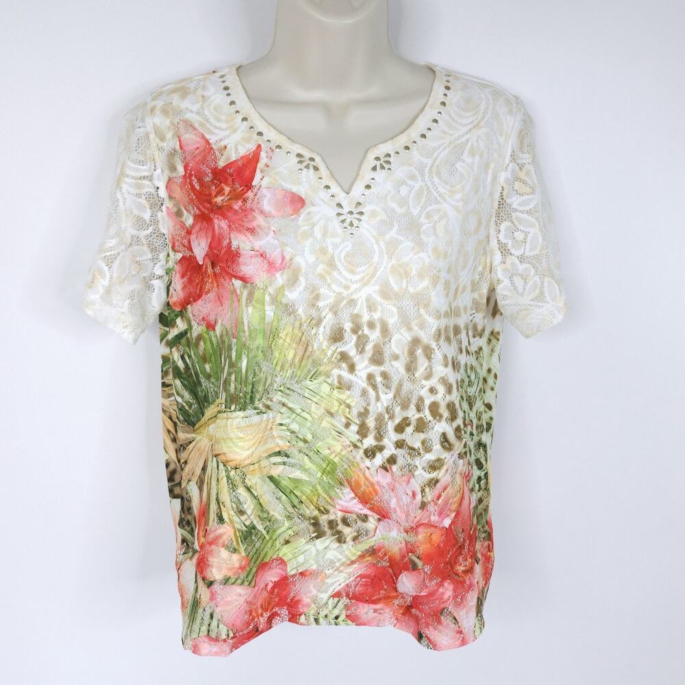Alfred Dunner Womens Blouse Shirt S Petite Beige Red Floral Lace Short Sleeve